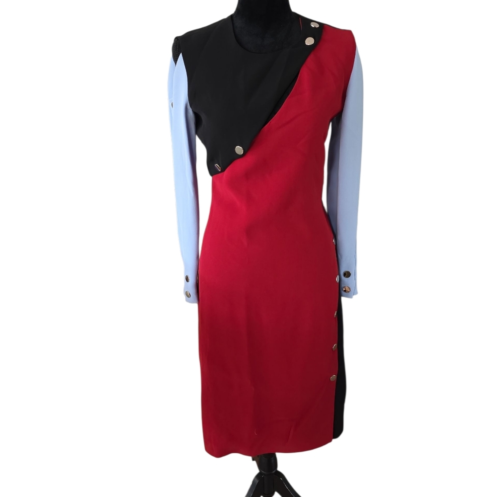 2013 Runway Versace Red, Black And Blue Long Sleeve Dress